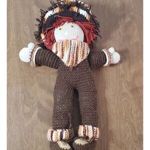 Handcrafted Raggedy Ann Style Doll With Red Yarn Hair & Striped Accessories